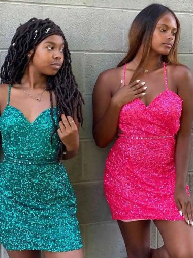 Dark Green Sheath V-Neck Sleeveless Short Velvet Sequin Prom Dress