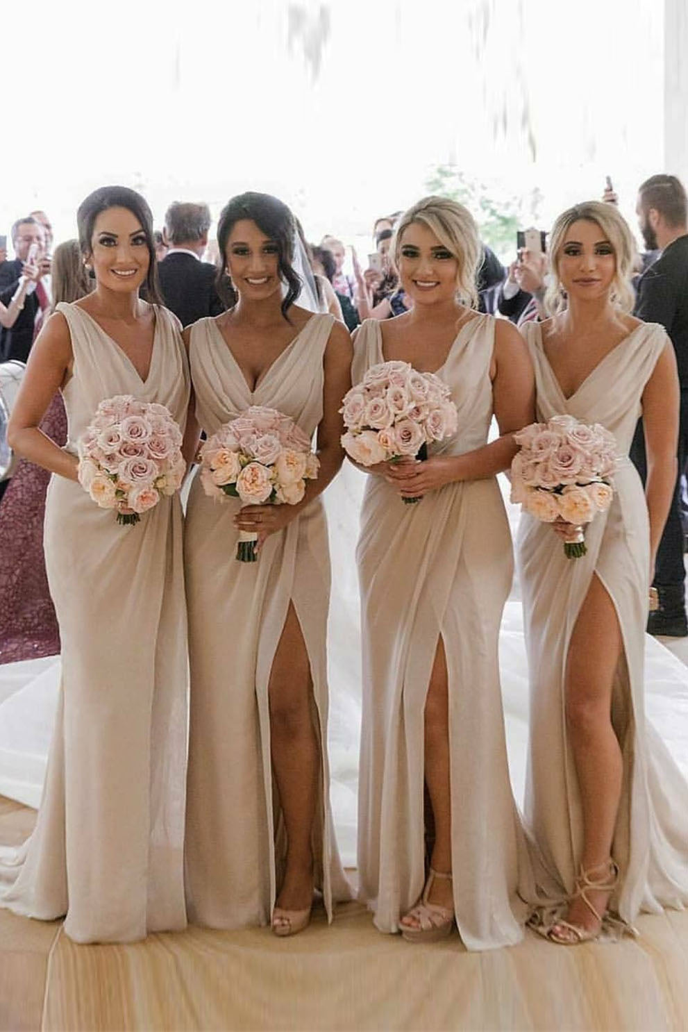 Champagne Sexy Long Chiffon Dusty Blue Bridesmaid Dresses with High Slit and Front Ruffles (AF0375)